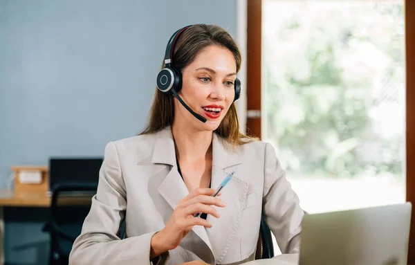 Professional Businesswoman Wireless Headphones Meeting Having Conversation Partners Clients Online — Stock Photo, Image