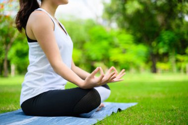 Genç bir kadının yaşam tarzı parkta yoga yapıyor. Parkın dışındaki Yoga 'da. Yüksek kalite fotoğraf