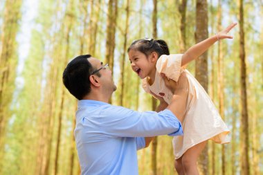 Babası şirin kızını kucağında tutuyor ve hafta sonu doğa parkında birlikte gülüyor neşeli bir aile parkta piknik yapıyor ebeveynler kızıyla birlikte geziyor sağlıklı bir hayat tarzı olan aile. 