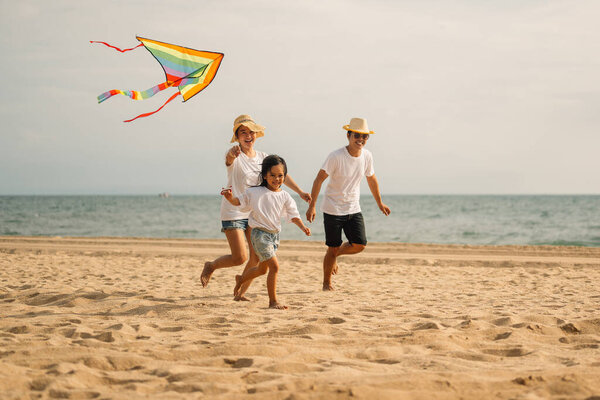 Happy family travel on beach, Family with car road trip at sea on summer, Happy family having fun on beach together, Family travel on summer vacation concept
