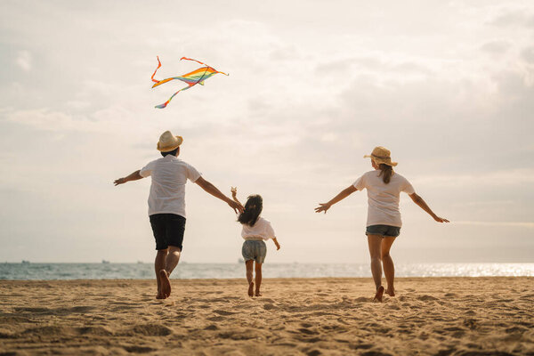 Happy family travel on beach, Family with car road trip at sea on summer, Happy family having fun on beach together, Family travel on summer vacation concept