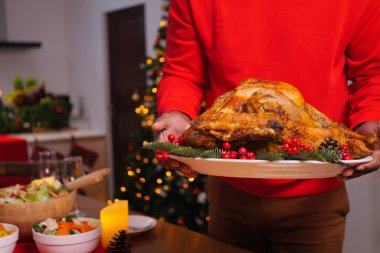 Kızarmış hindiyle Noel yemeği, yemek odasında Noel yemeği, Noel ve Şükran Günü kutlamaları için özel yemek. Yüksek kalite fotoğraf
