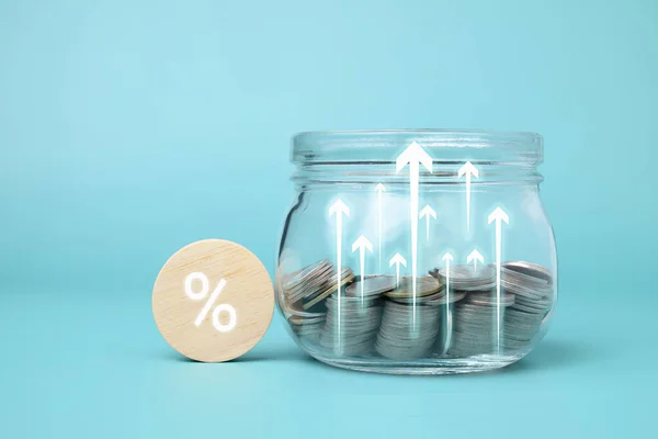 Wooden Block Percentage Sign Jar Coins Interest Rate Increases Profit — Stock Photo, Image