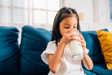 Evinde bir bardak süt tutan Asyalı tatlı kızın gülümseyen portresi, kanepede oturan ve evde ailesiyle vakit geçiren sevimli kızı, süt portresiyle eğlenen mutlu çocuk.