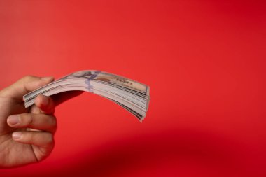 Para tasarrufu, Amerikan doları, nakit para doları, iş yatırımı ve gelir, küresel mali kriz, para kazanma ve tasarruf kavramı için yüzlerce dolar ve banknot tutan insanlar