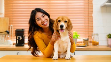 Bir kadın, evinde köpeğiyle, neşeli bir av köpeğiyle dostça bir etkileşim içinde gösterilir. Birlikte oturuyorlar, hafta sonu aktivitelerinin tadını çıkarıyorlar.