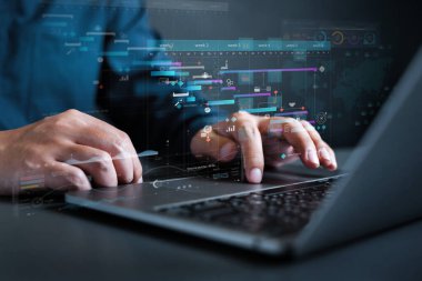 Analiz grafiği, iş analiz grafiği KPI sanal ekran monitörü bilgisayarında sanal ekran teknolojisi tarafından simge gösteriliyor
