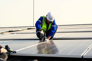 Maintenance technicians workers installing solar panels at solar cell farm, Engineers working at power station, Electric system maintenance at solar panels field, Eco friendly and clean energy clipart