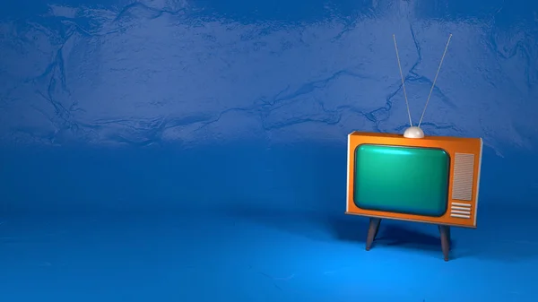 Vintage television in front of blue colored wall, modern style room design, 3D rendering