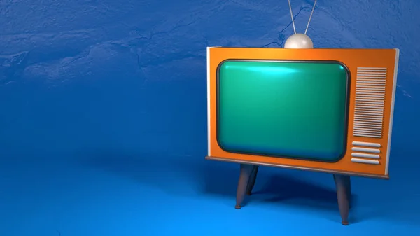 Vintage Televisie Voor Blauw Gekleurde Muur Close Modern Design Weergave — Stockfoto