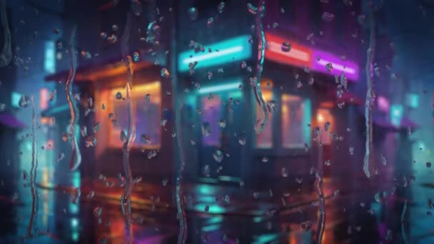 Het Uitzicht Straat Met Neon Lichten Gezien Door Regendruppels Tegen — Stockvideo
