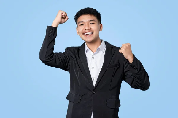Jeune Beau Asiatique Homme Affaires Excité Célébrer Succès Isolé Sur — Photo