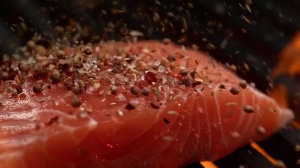 スローモーションでスパイスミックスで味付けサーモンフィレ バーベキュー魚と火のマクロドリーショット — ストック動画