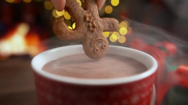Zencefilli Kurabiyeyi Yavaş Çekimde Sıcak Kakaoya Bandırmak Şöminenin Yanında Noel — Stok video