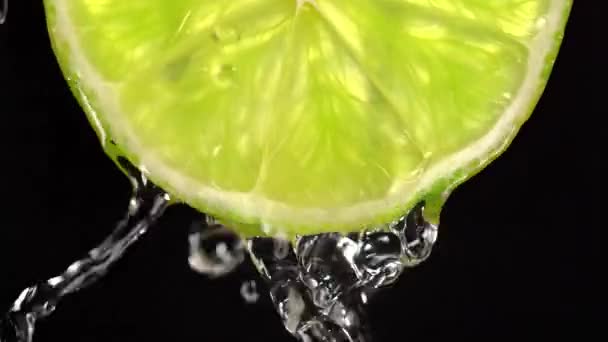 Fatia Limão Salpicada Pela Água Cima Movimento Lento Fundo Verde — Vídeo de Stock
