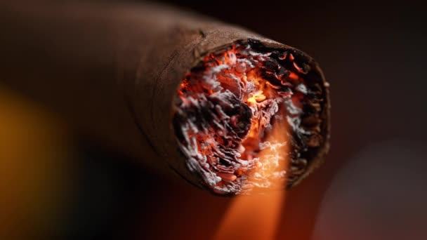 Ανάβοντας Ένα Πούρο Φωτιά Μακρο Και Αργή Κίνηση Καπνός Προκαλεί — Αρχείο Βίντεο