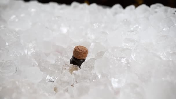 Champagne Bottle Popping Out Ice Cubes Uncorking Slow Motion — Stock Video