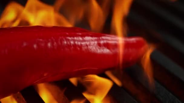 スローモーションでグリルグレートフレーミング上のロングレッドペッパー バーベキュー野菜と火のマクロドリーショット — ストック動画