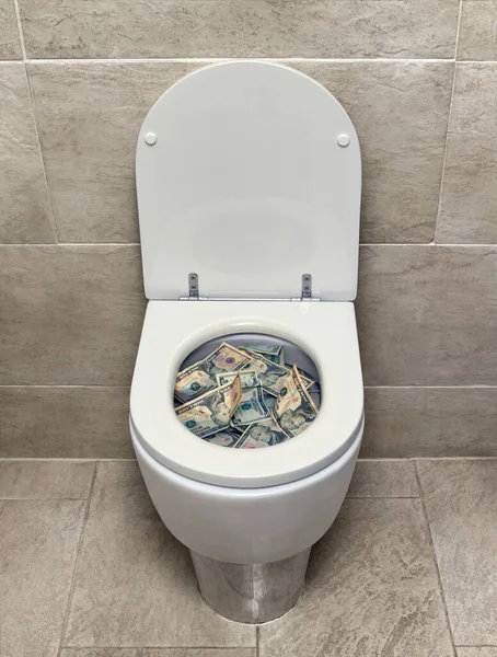 stock image Dollars in toilet bowel