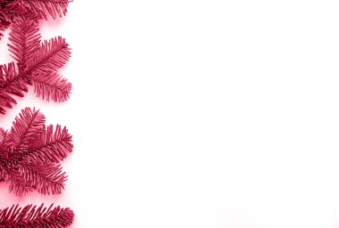 Viva Magenta - 2023 yılının moda rengi. Arka planda köknar dalları ve fotokopi alanı olan bir Noel yatağı. Yüksek kalite fotoğraf