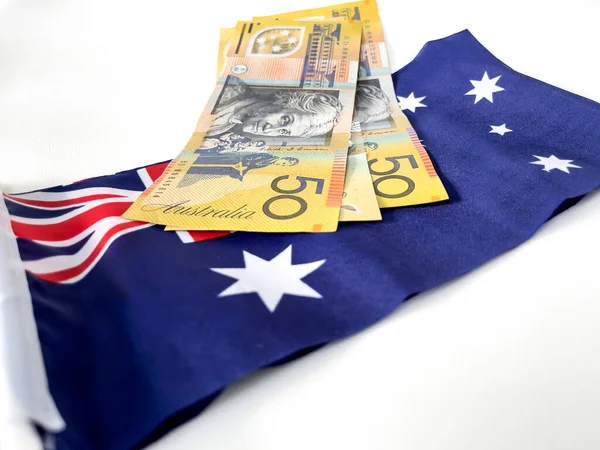 Avustralya Ulusal Bayrağında Nakit Avustralya Doları Var Dolar Nakit Ekonomi — Stok fotoğraf