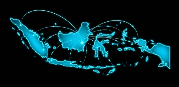 Endonezya Haritasının Ana Hatları Mavi Siyah Arkaplan Üzerinde Parlayan Çizgiler — Stok fotoğraf