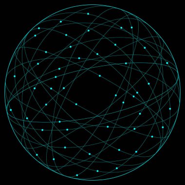 Siyah arkaplandaki mavi çizgilerin soyut küresi. Gezegen dairesi etrafında soyut ağ çizgisi mavi nokta teknolojisi 