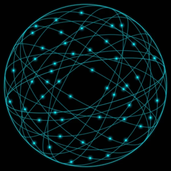 在黑色的背景上闪烁着带有线条和点的球体 围绕行星圆环蓝点技术的抽象网络线 — 图库照片
