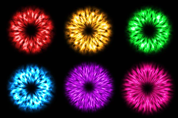 Set of colorful fireworks on a black background. orb red yellow green blue light purple pink violet magic ball iris eye