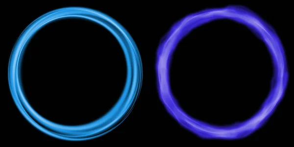 fire smoke circle flame blue purple. Two blue neon rings on a black background.