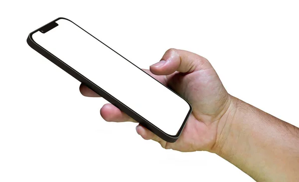 Mano Che Tiene Uno Smartphone Con Schermo Vuoto Isolato Sfondo — Foto Stock