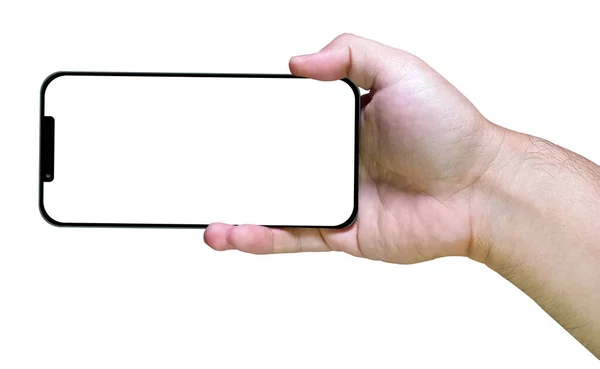 Χέρι Κρατώντας Smartphone Κενή Οθόνη Που Απομονώνονται Λευκό Φόντο Ψαλίδισμα — Φωτογραφία Αρχείου