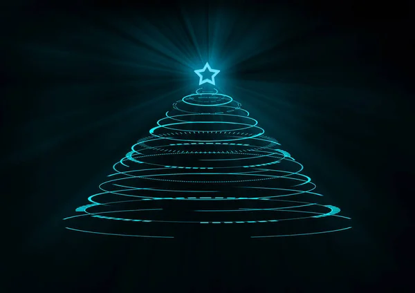 stock image christmas tree on a dark background with rays of light and stars. christmas tree with hud hologram blue light shiny