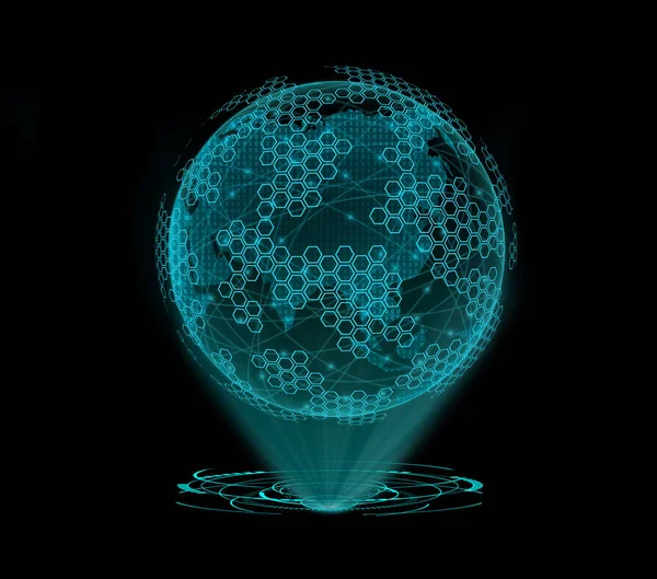 Globální Síťové Připojení Koncept Internetové Technologie Hologram Zeměkoule Hud Kruhem — Stock fotografie