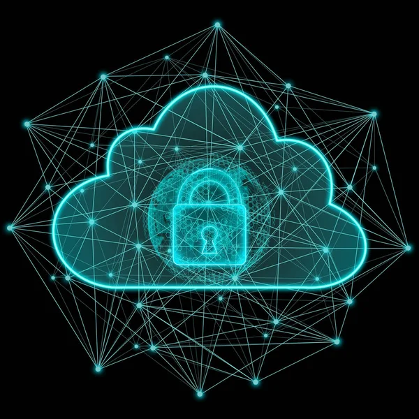 Cloud computing security concept. Polygonal cloud with padlock on dark background