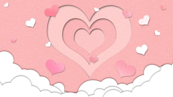 Stile Carta Arte San Valentino Sfondo Con Cuori Rosa Nuvole — Foto Stock
