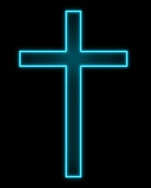 Neon Christian Cross Symbol Black Background — Stock Photo, Image