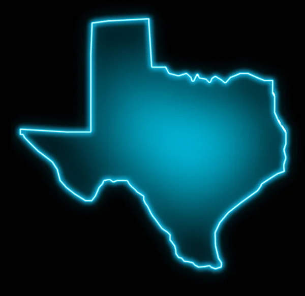 Map of Texas, glowing blue outline on a black background. Neon style