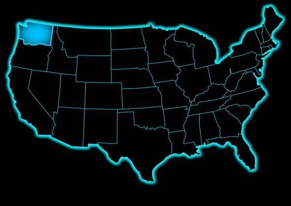United States of America map washington glowing in blue on a black background.