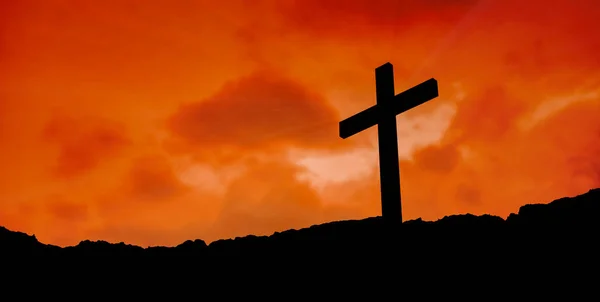 Kruis Silhouet Zonsondergang Hemel Achtergrond Christelijke Religie Concept Weergave — Stockfoto