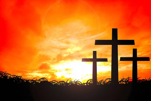 Kruisen Van Jezus Christus Achtergrond Van Zonsondergang — Stockfoto