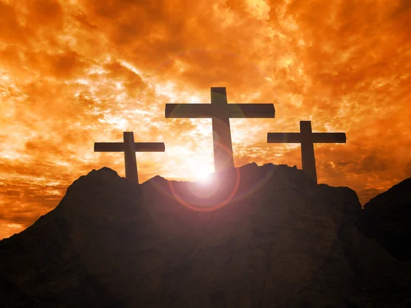 Кресты Небе Закате Рендеринг Символы Христиан — стоковое фото