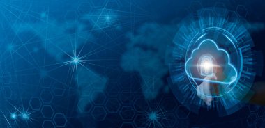 Holografik gövde dokunuşuyla ve dünya ağı soyut arkaplanıyla geleceksel bulut çizimi 