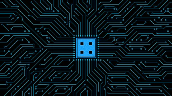 Placa Circuito Com Linha Azul Processador Chip Meio — Fotografia de Stock