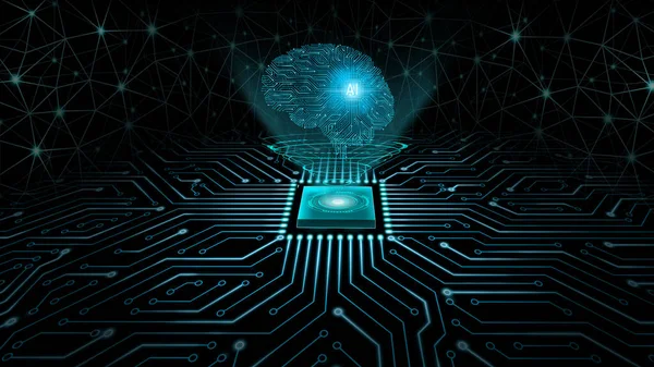3Dレンダリング人工知能 機械学習 ニューラルネットワークの概念 マイクロチップとメインボード上の人間の脳 ホログラフィックな人間の脳チッププロセッサは — ストック写真