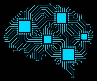 İnsan beyinli devre kartı. Dört mikroçip mavi. yapay zeka kavramı