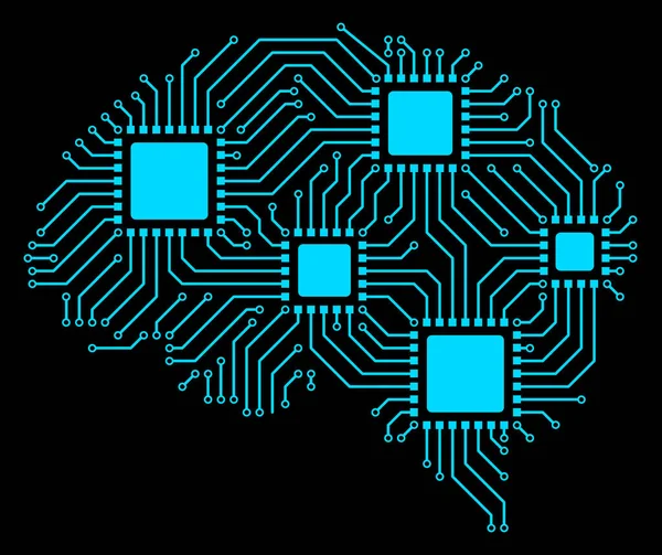 有人脑的电路板四个微晶片蓝色 人工智能概念 图库图片