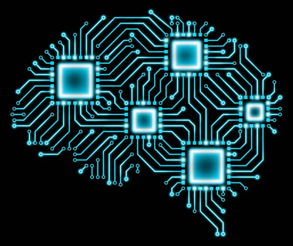 Kretskort Med Mänsklig Hjärna Med Fyra Mikrochip Blå Artificiell Intelligens — Stockfoto