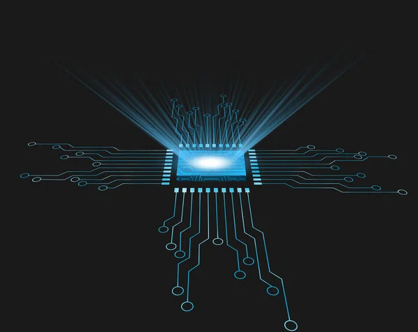 ライトスポットの未来的な設計が付いている回路線の青が付いているマイクロチップ ストック写真