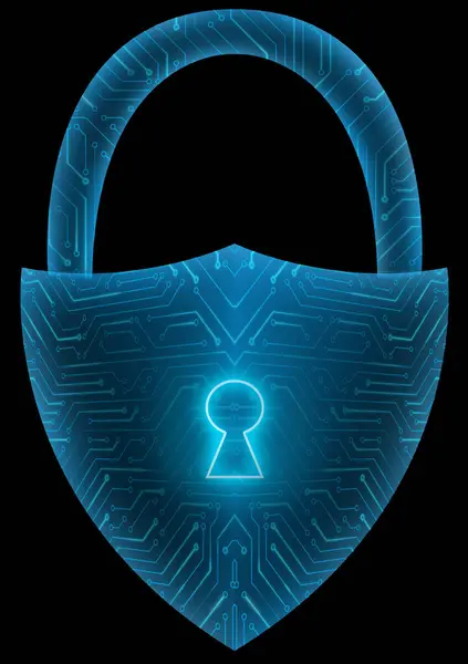 padlock with blue glow futurisitc and circuit line inside.